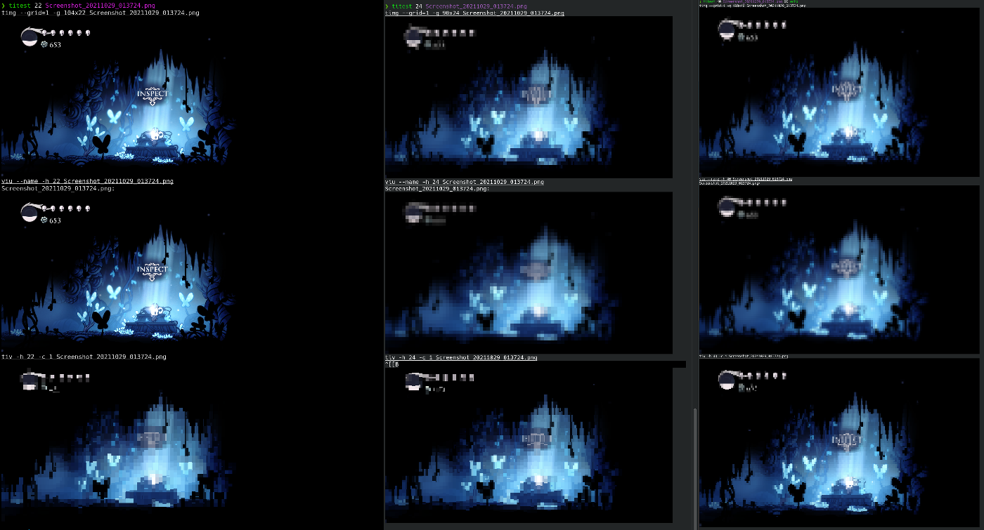 Comparison of timg, viu and tiv in kitty and konsole at varying widths